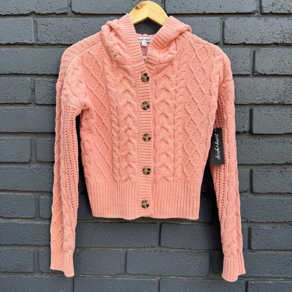 Derek Heart Chunky Chenille Cable Knit Cardigan Sweater Hooded S Coral Button Up